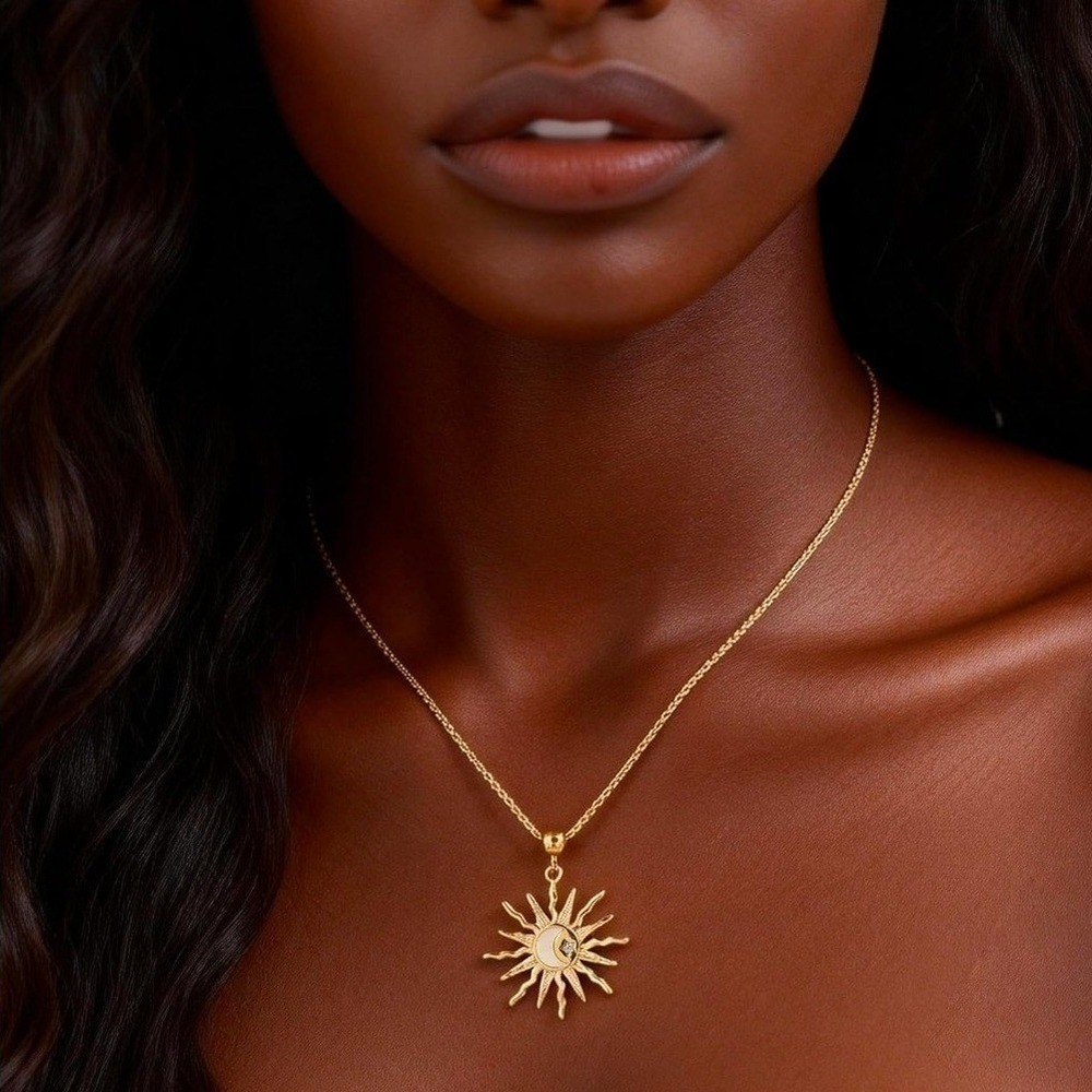 Sun Moon Necklace Womens 14K Gold Plated New Celestial CZ Mother of Pearl - Picture 3 of 5